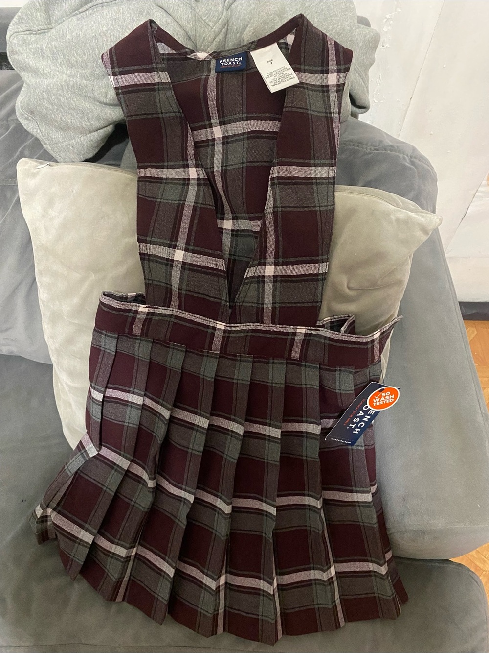 French Toast Burgundy and Gray Plaid Pleated Jumperskirt